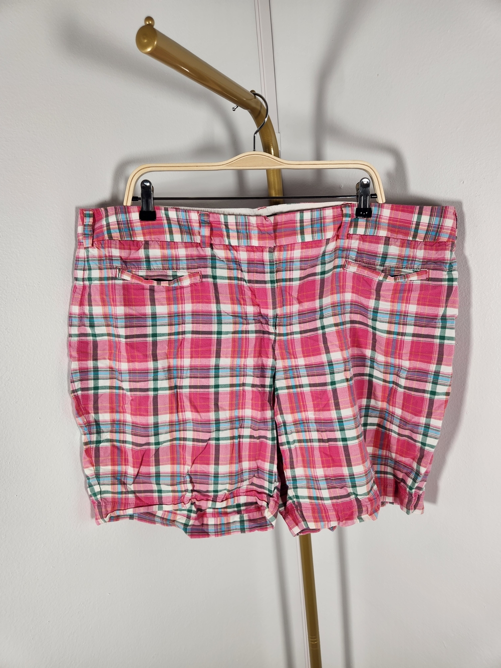 Lands' End Pink Plaid Cotton-Blend Bermuda Shorts with Green Accents